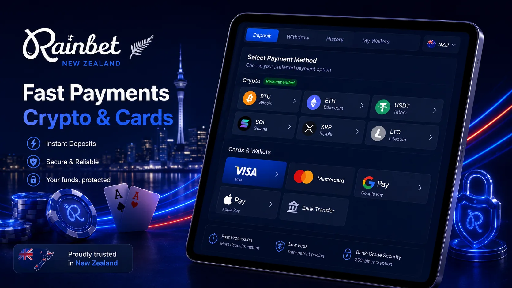 Rainbet NZ fast payments with crypto and card methods